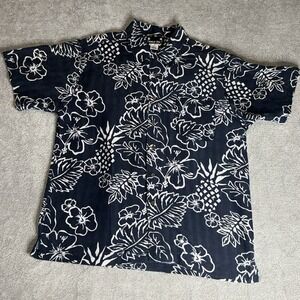 Outback Rider Mens Large Blue & White Floral Palm Leaf Hawaiian Button Up Shirt